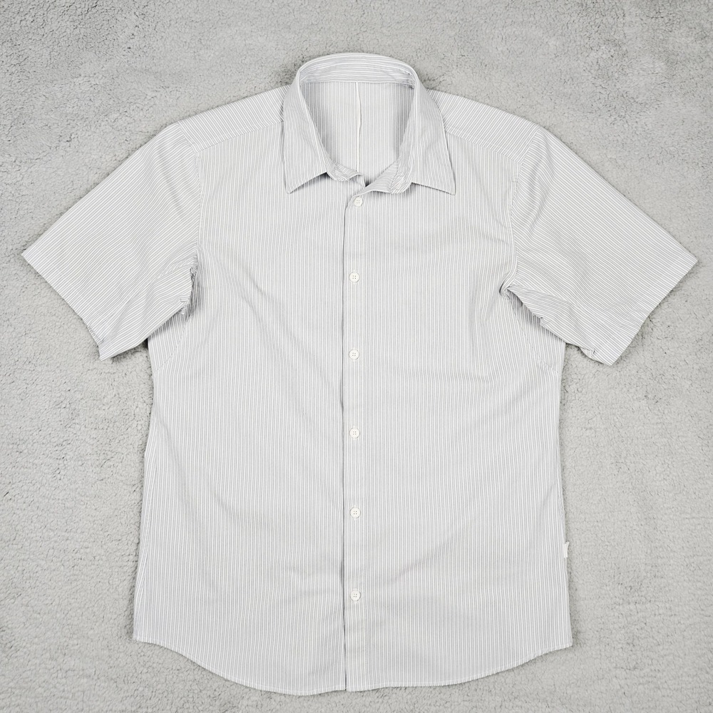 Lululemon Mens Large‎ Grey White Pinstripe Short Sleeve Button Commuter Shirt